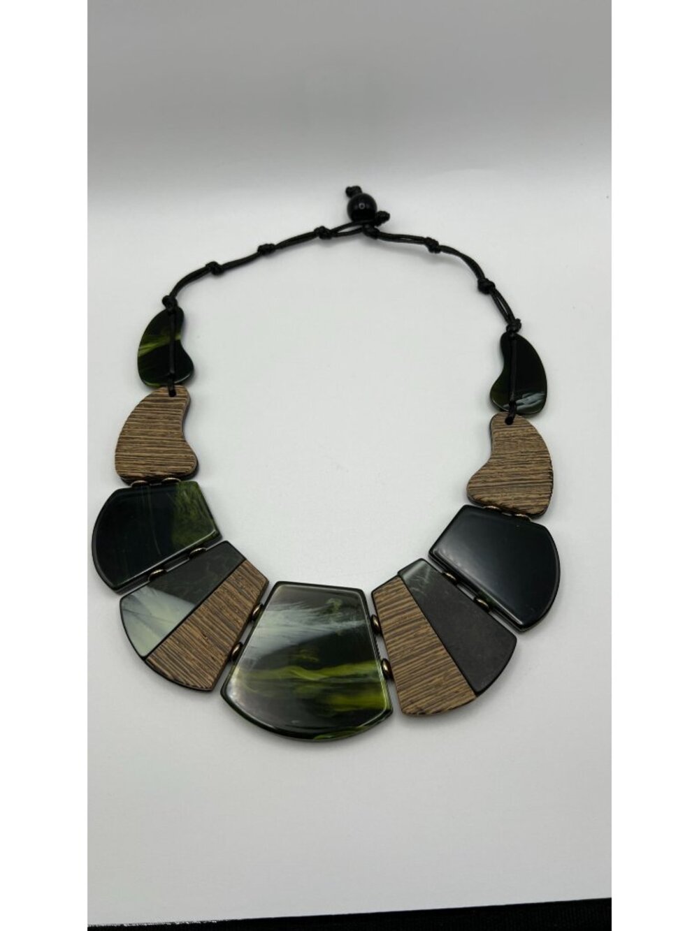 Chunky Green & Brown Geometric Statement Necklace With Adjustable Cord Closure